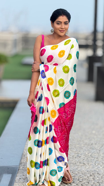 Bandini Ajrakh modal saree white and pink with running contrast blouse