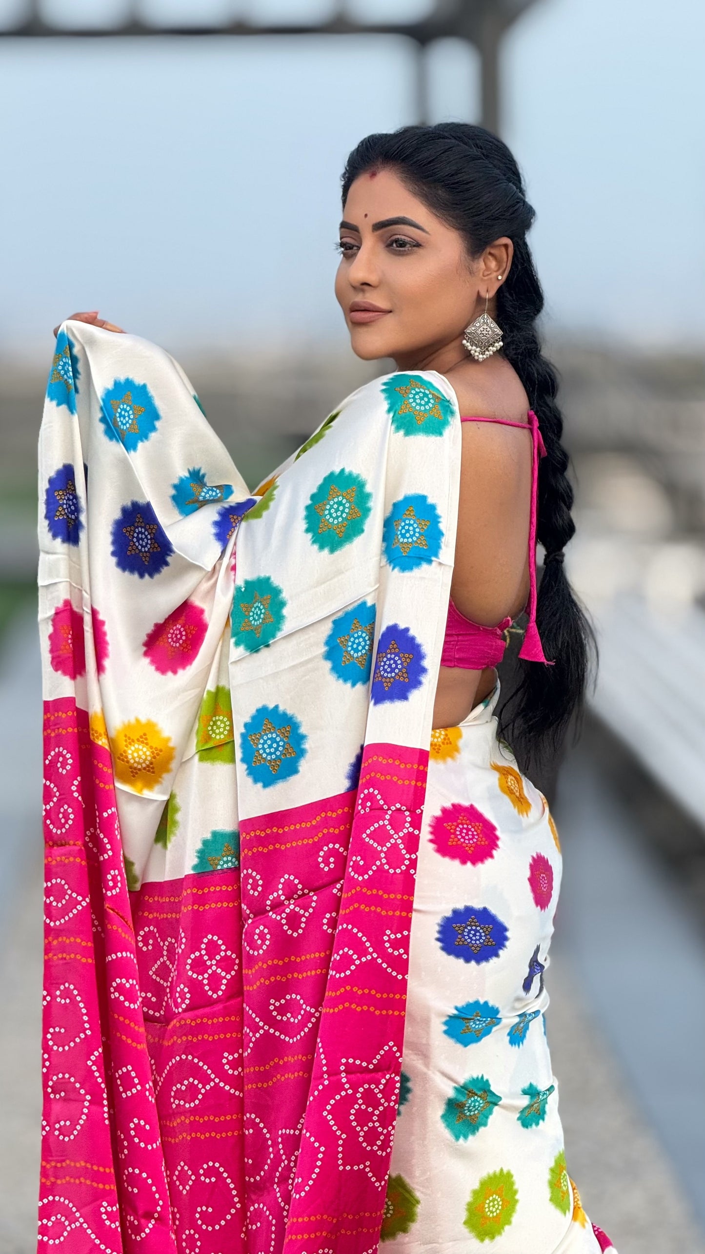 Bandini Ajrakh modal saree white and pink with running contrast blouse
