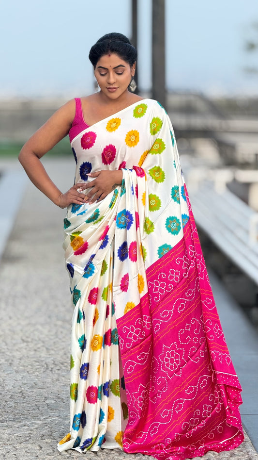 Bandini Ajrakh modal saree white and pink with running contrast blouse