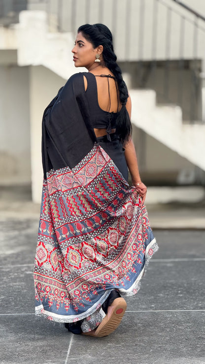 Ajrakh modal saree black & red with running contrast blouse