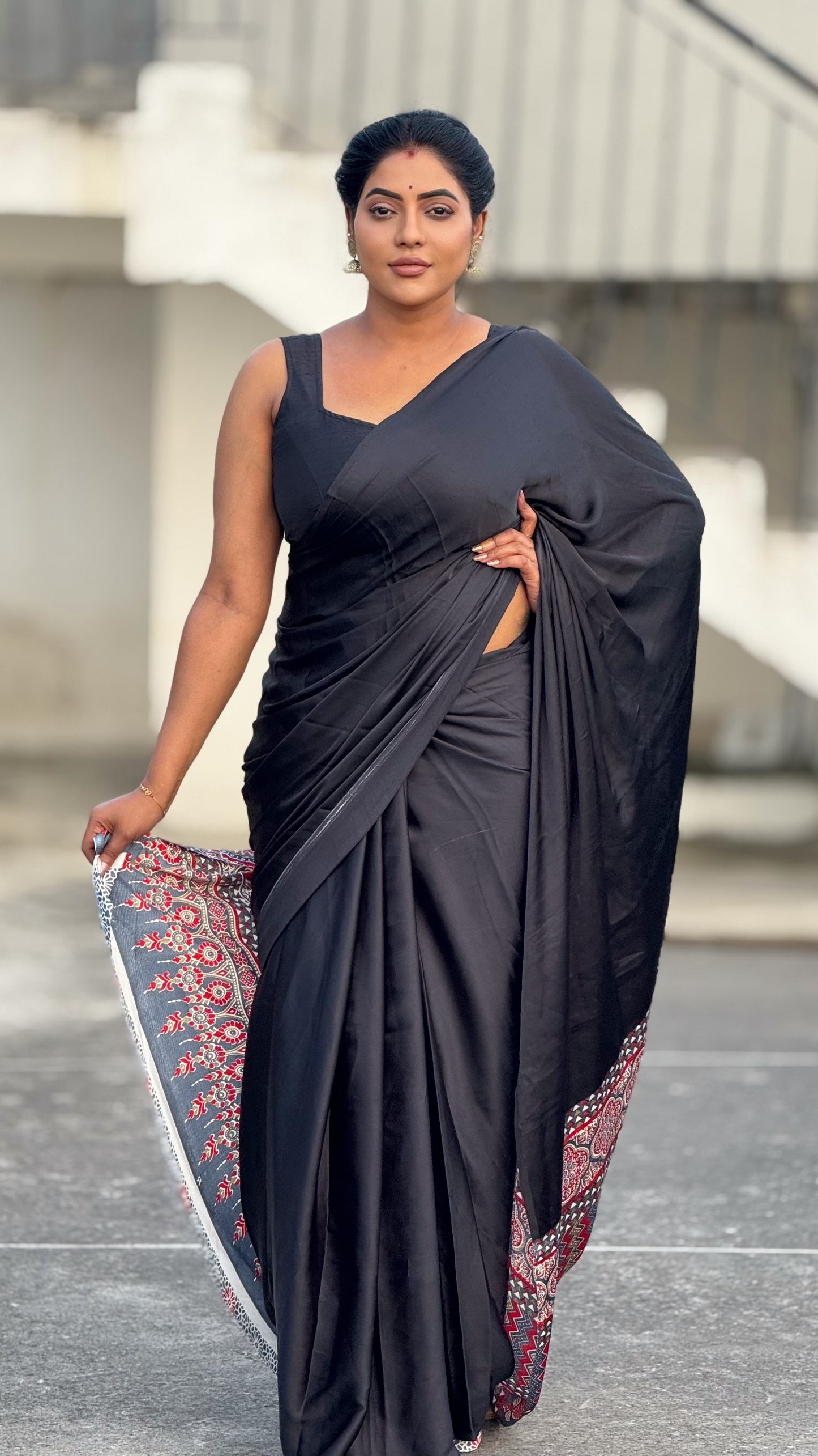 Ajrakh modal saree black & red with running contrast blouse