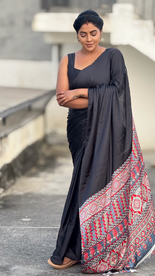 Ajrakh modal saree black & red with running contrast blouse
