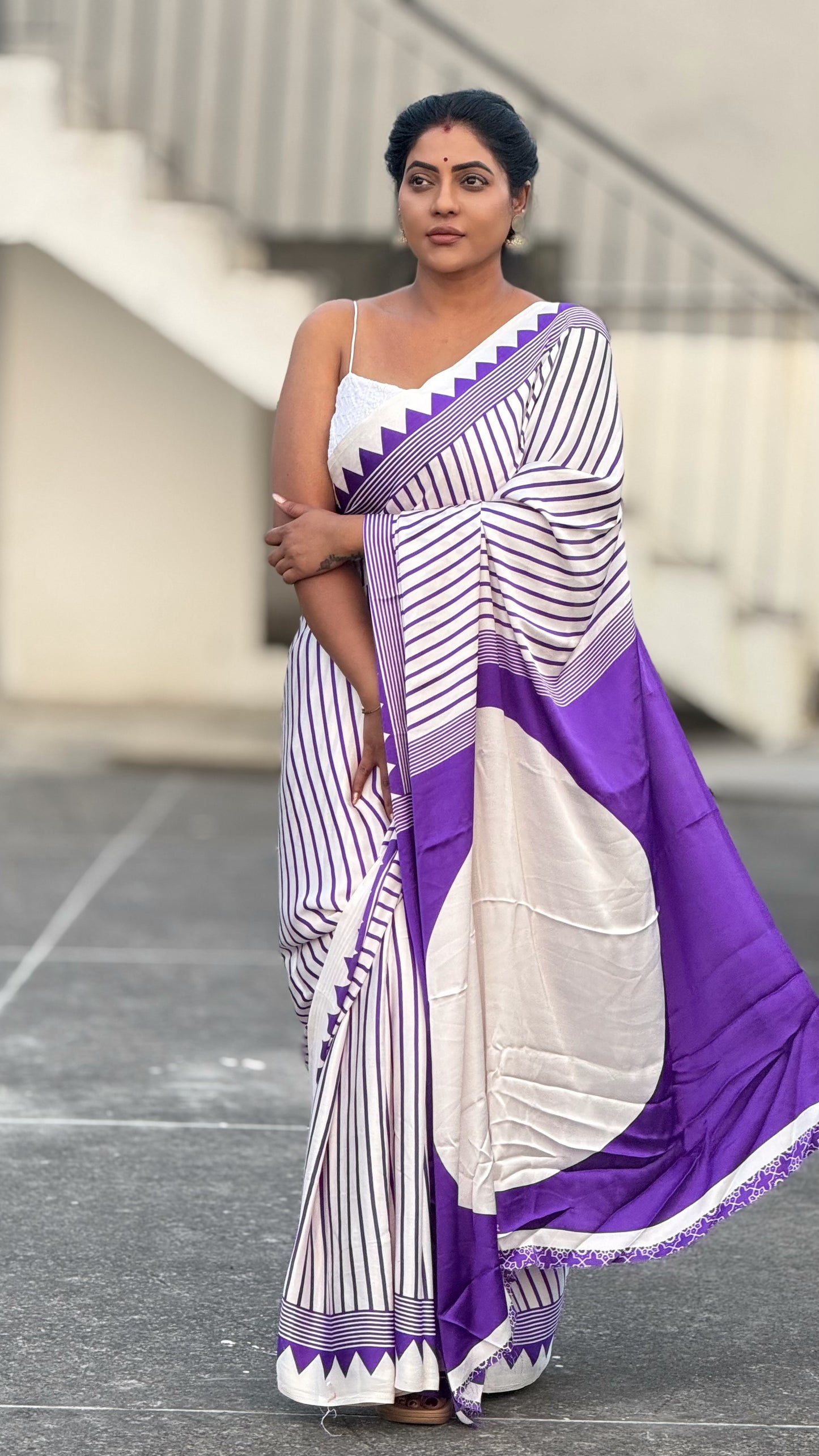 Ajrakh modal saree purple & white with running contrast blouse