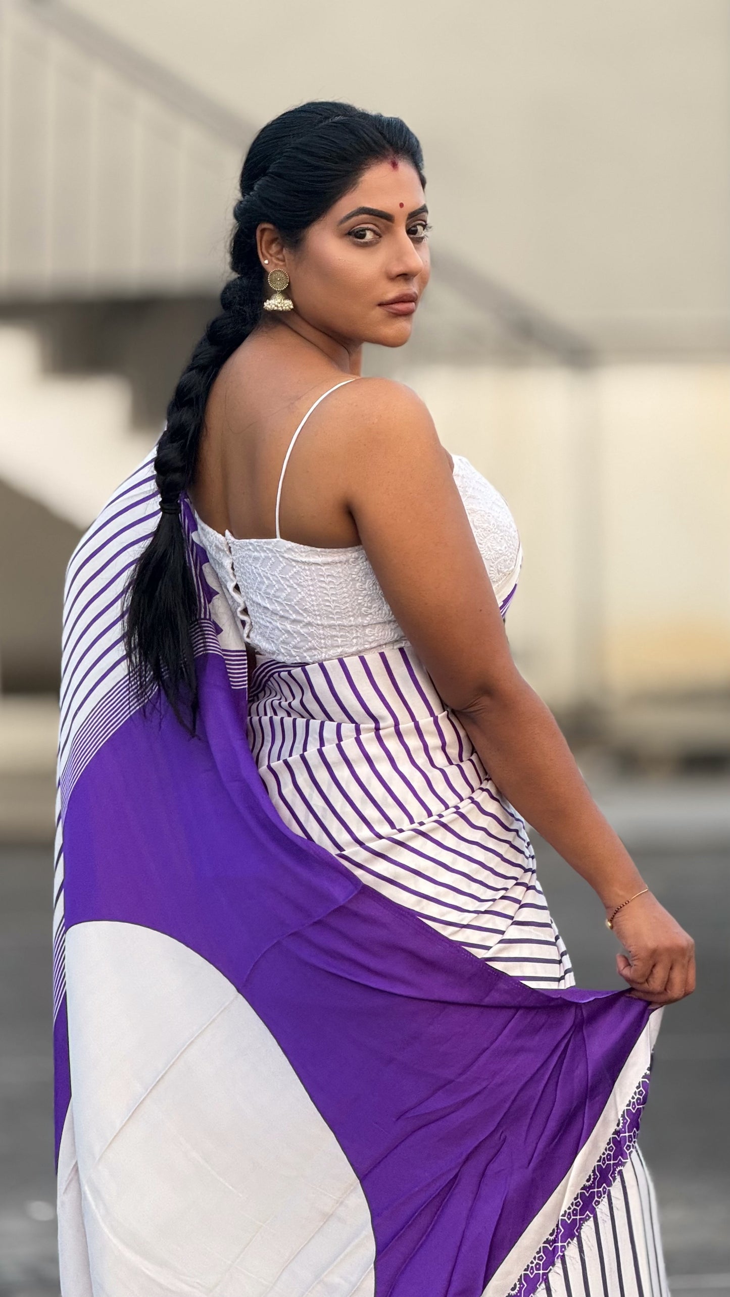 Ajrakh modal saree purple & white with running contrast blouse