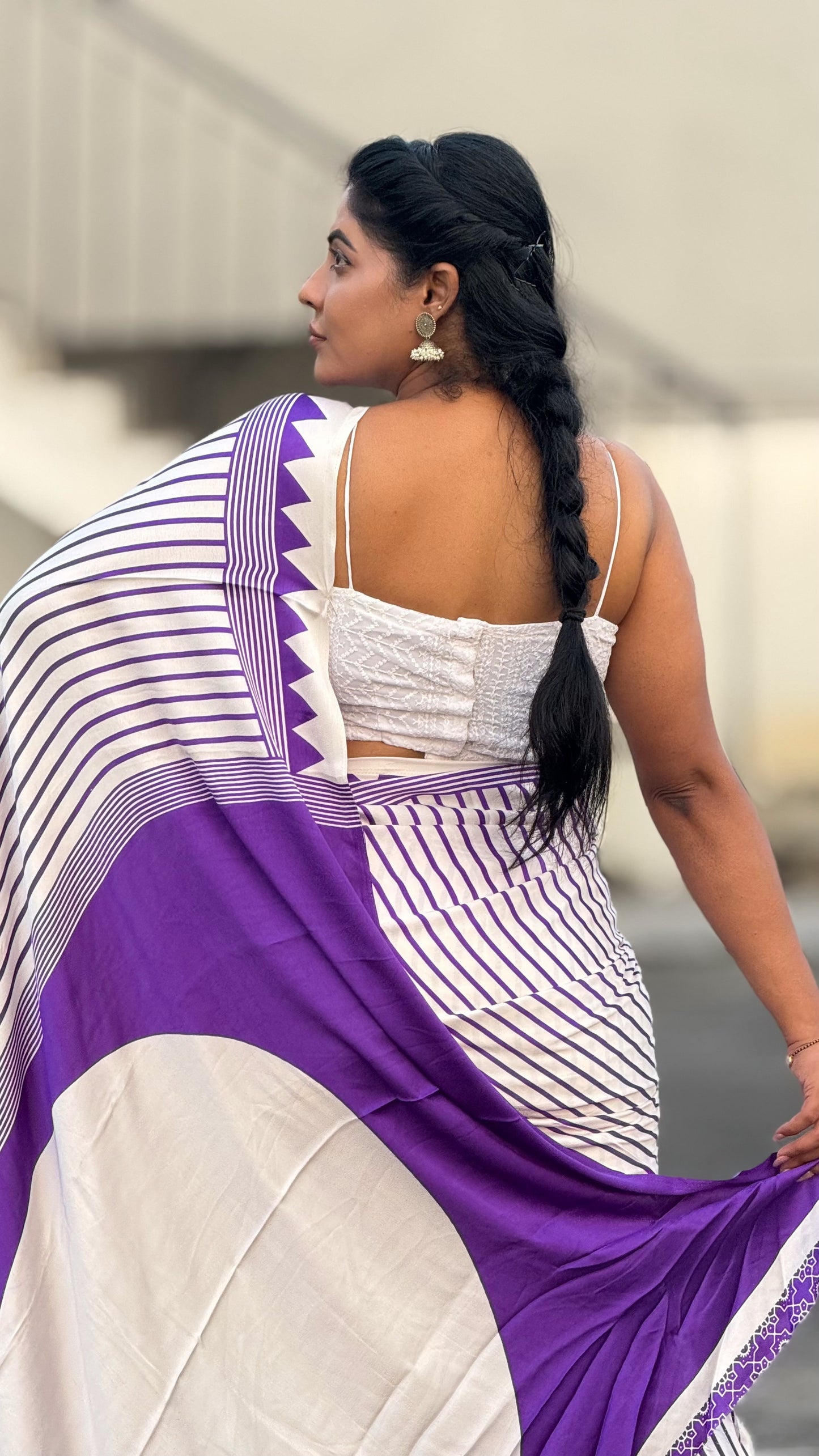 Ajrakh modal saree purple & white with running contrast blouse