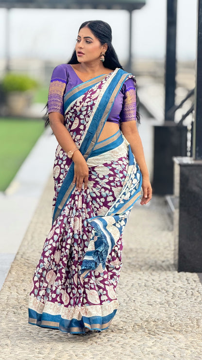 Mull Mull Kalamkari soft cotton sarees with contrast zari blouse