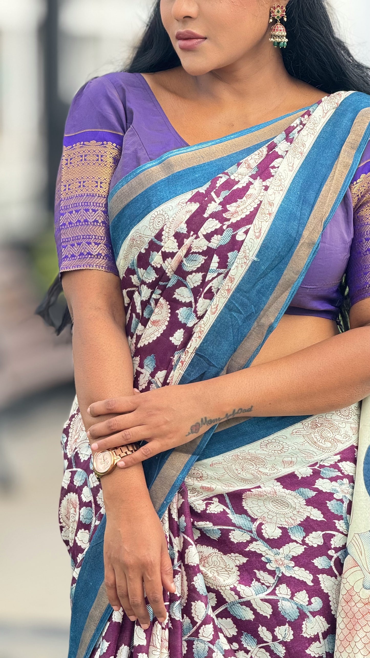 Mull Mull Kalamkari soft cotton sarees with contrast zari blouse