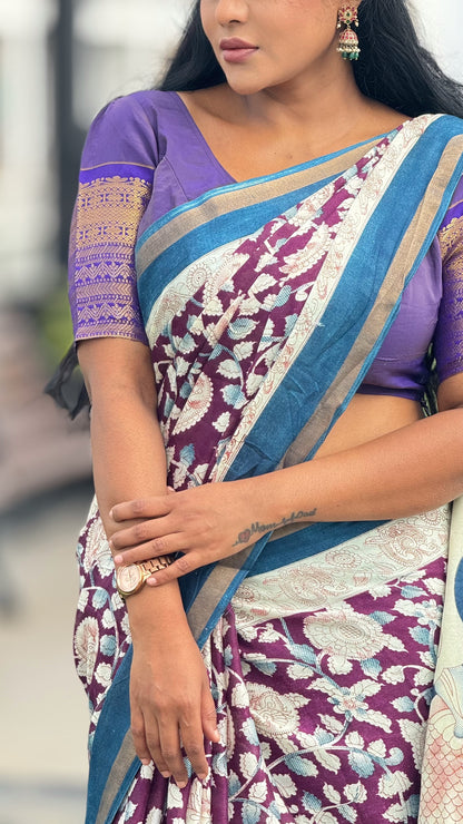 Mull Mull Kalamkari soft cotton sarees with contrast zari blouse