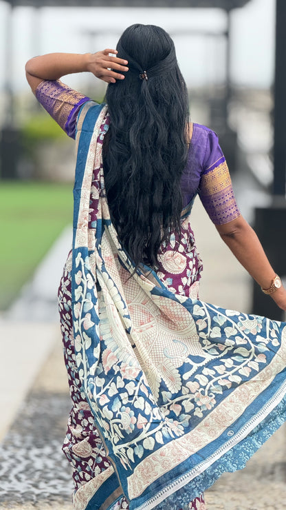 Mull Mull Kalamkari soft cotton sarees with contrast zari blouse