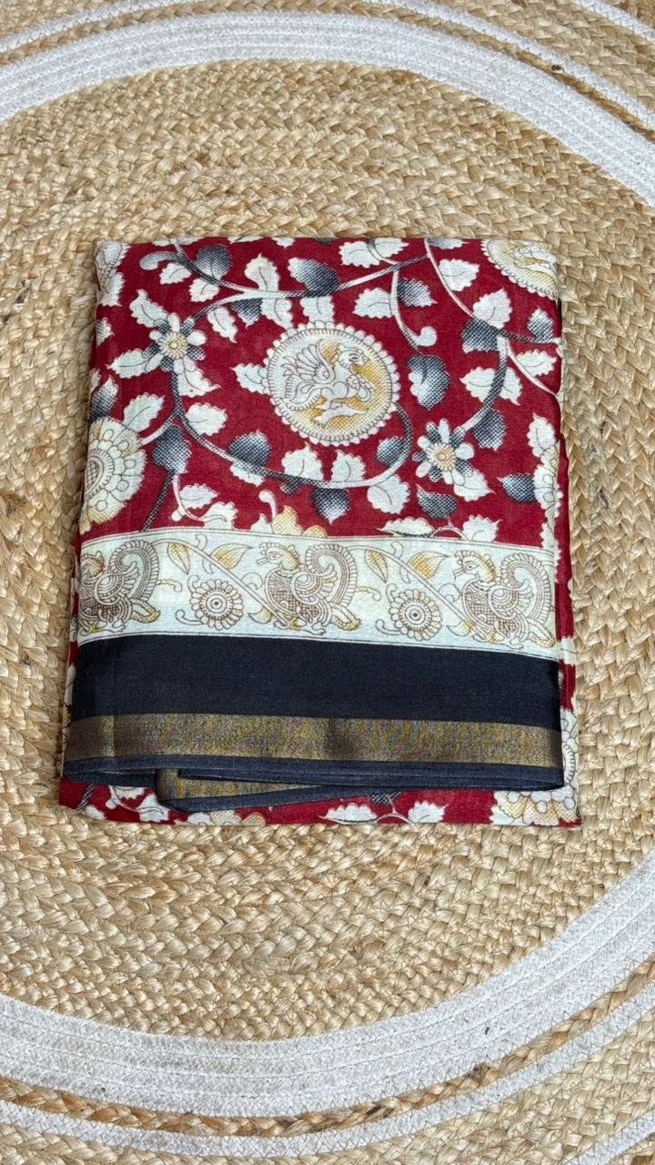 Mull Mull Kalamkari soft cotton sarees with contrast zari blouse
