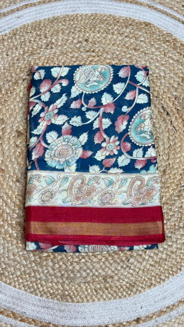 Mull Mull Kalamkari soft cotton sarees with contrast zari blouse