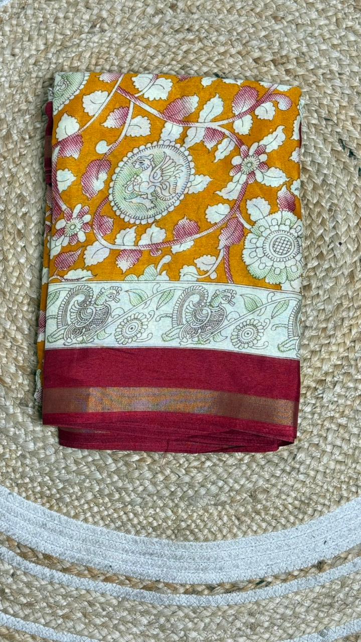 Mull Mull Kalamkari soft cotton sarees with contrast zari blouse