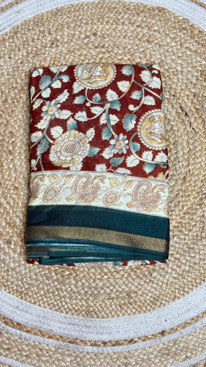 Mull Mull Kalamkari soft cotton sarees with contrast zari blouse