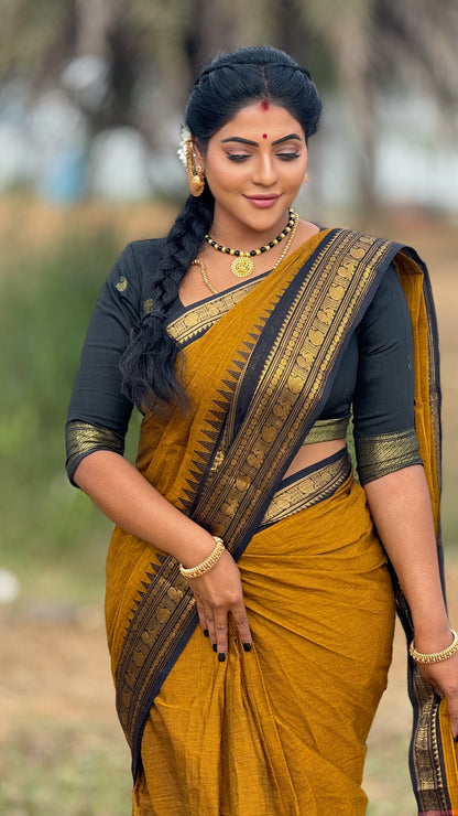Kanchi cotton saree with zari border and running blouse