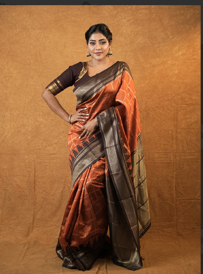 Brown and rustic orange semi silk pattu saree