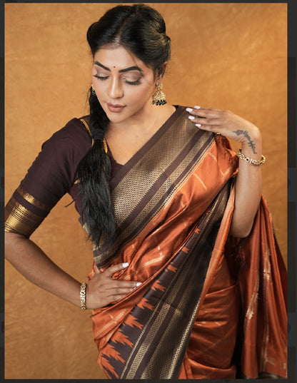 Brown and rustic orange semi silk pattu saree