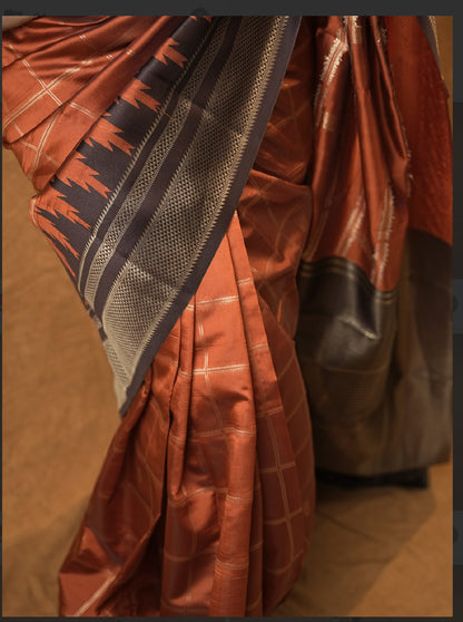 Brown and rustic orange semi silk pattu saree