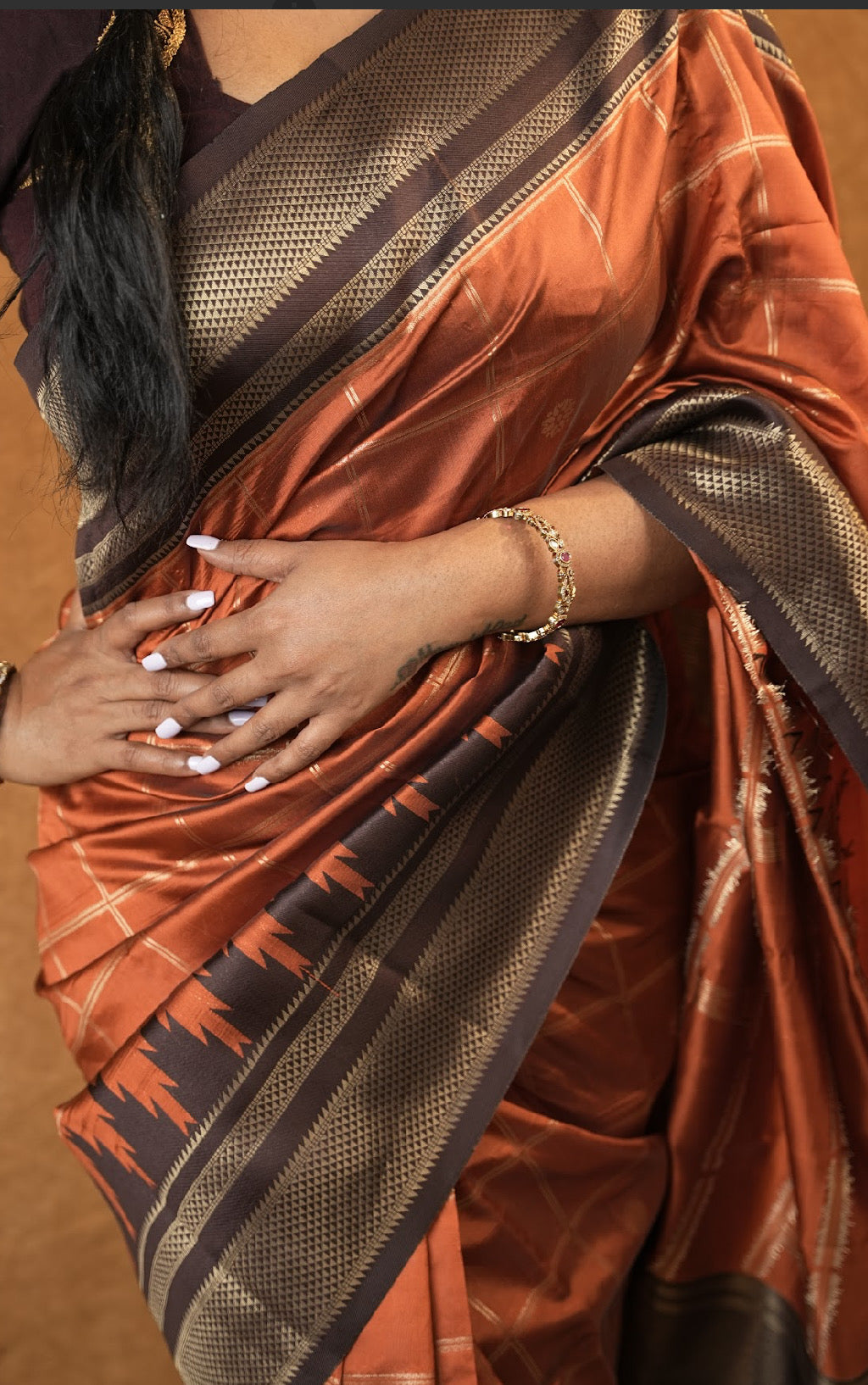 Brown and rustic orange semi silk pattu saree