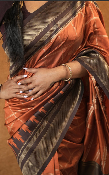Brown and rustic orange semi silk pattu saree
