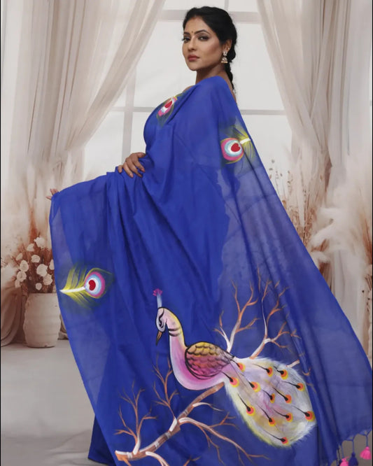 Khadi Cotton Hand Painted Peacock