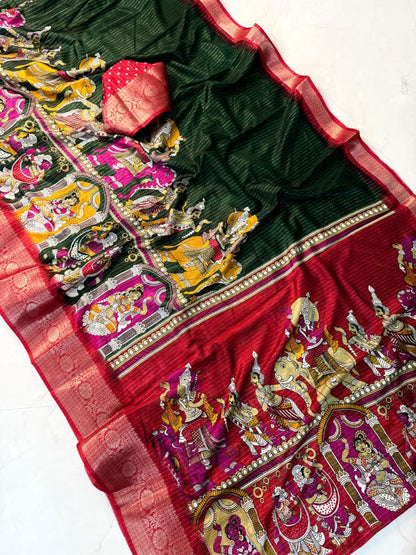 Kalamkari Dola Silk Saree with Zari Viscose and Butta Blouse