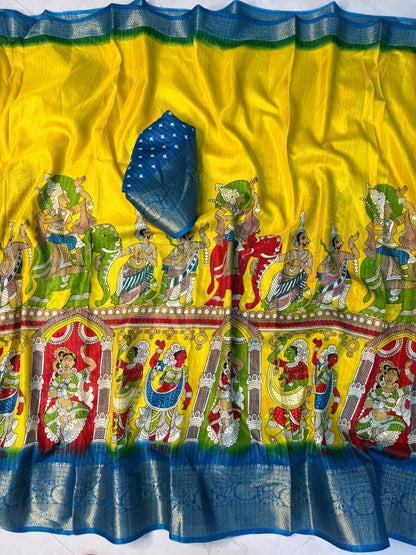 Kalamkari Dola Silk Saree with Zari Viscose and Butta Blouse