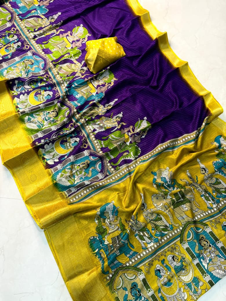 Kalamkari Dola Silk Saree with Zari Viscose and Butta Blouse