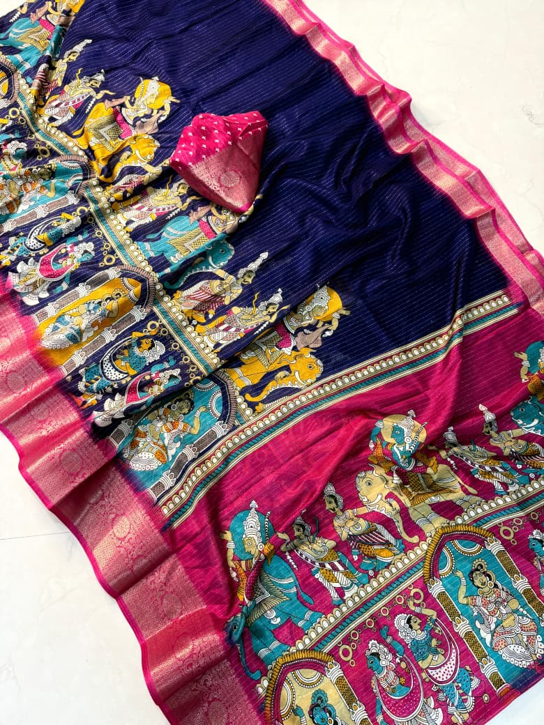 Kalamkari Dola Silk Saree with Zari Viscose and Butta Blouse